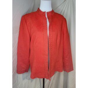 Dressbarn Women’s 14/16 Orange Suede Cropped Jacket Open Front Embroidered Trim